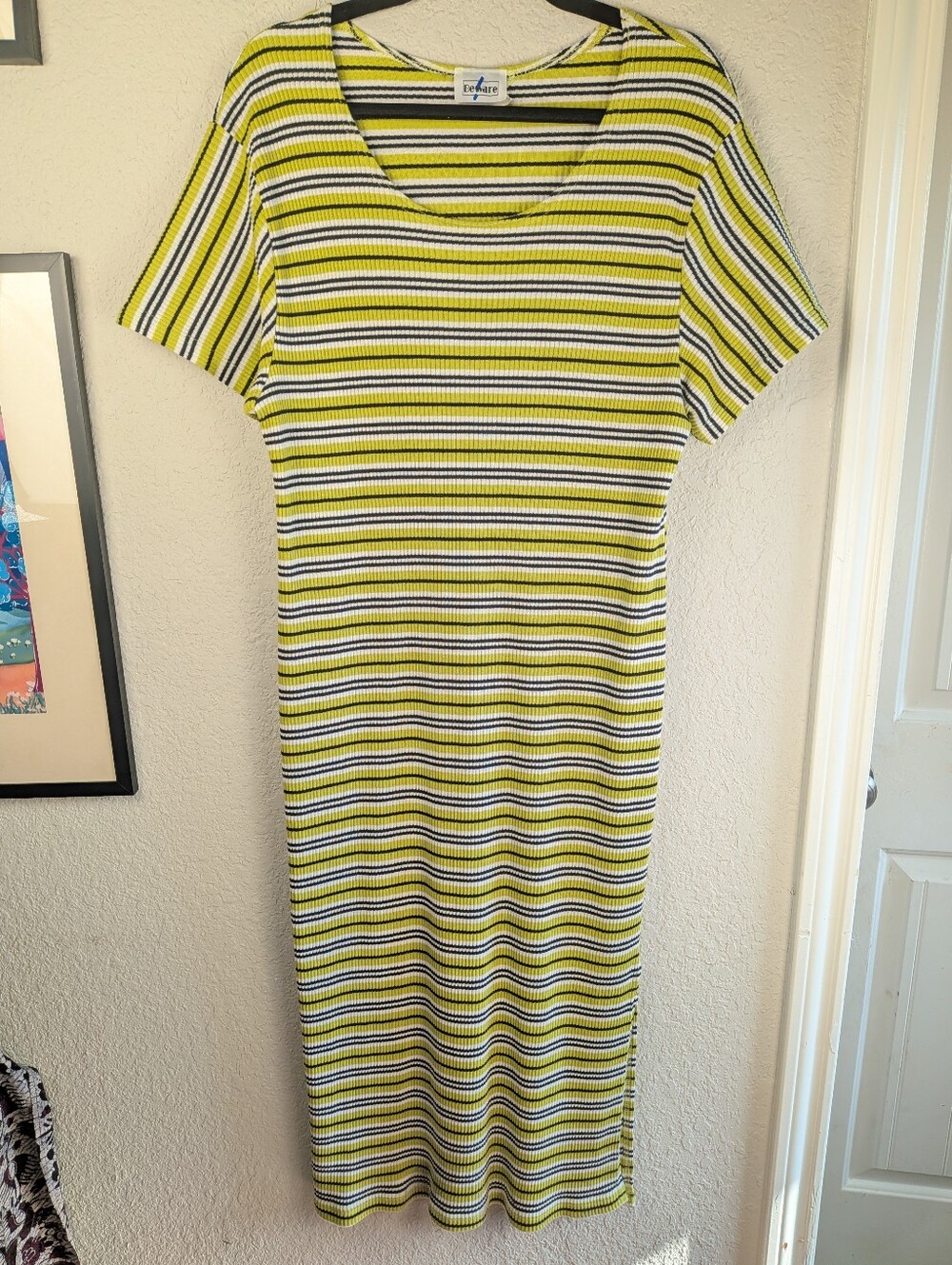 VTG 90's Rib Knit Midi Dress 1X Lime Green White Black Stripes Short Sleeve